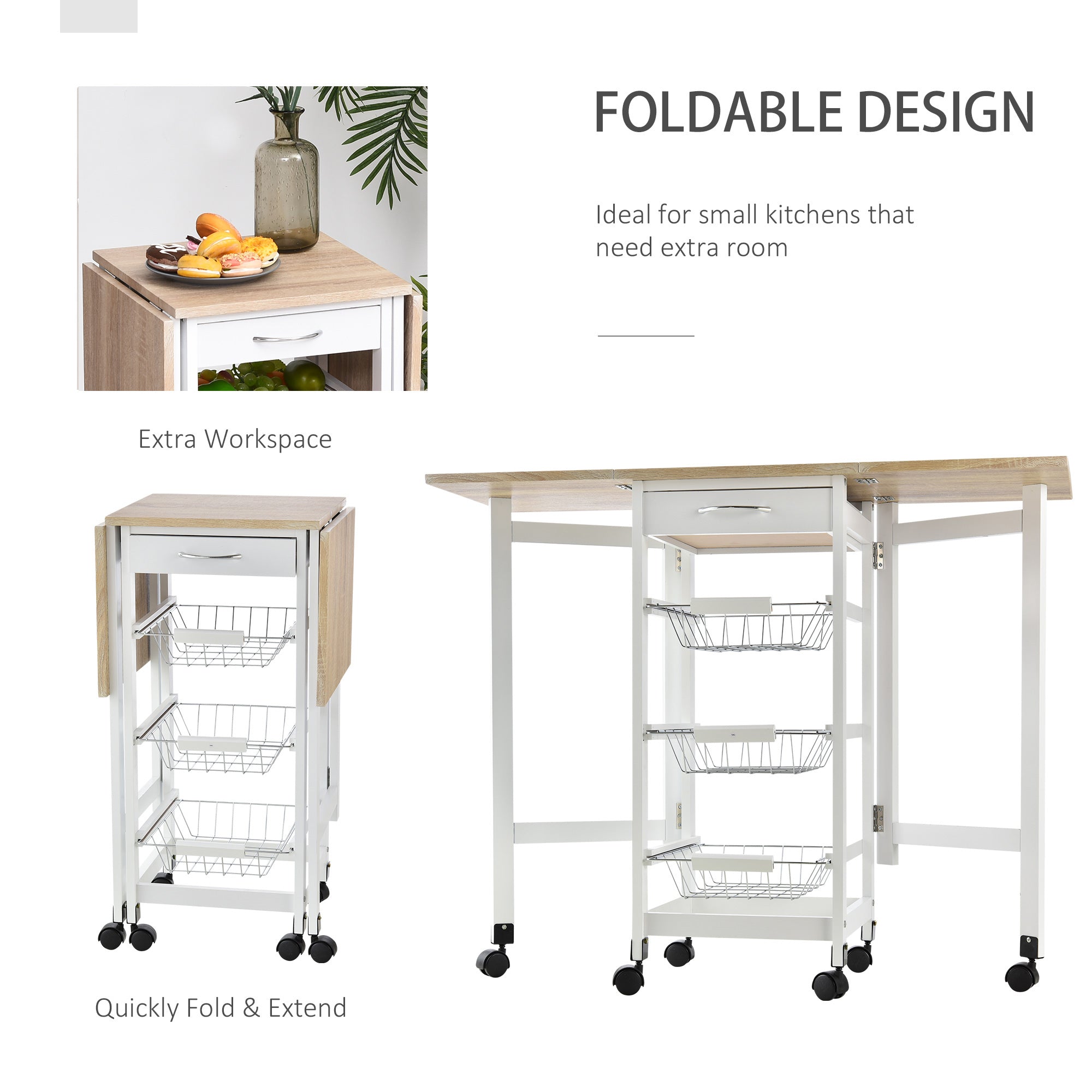 Homcom Drop-Leaf Kitchen Cart Trolley w/ 3 Baskets Drawer Surface Top 6 Universal Wheels Rolling Storage Unit Kitchen Home Dining Island White Oak Tone